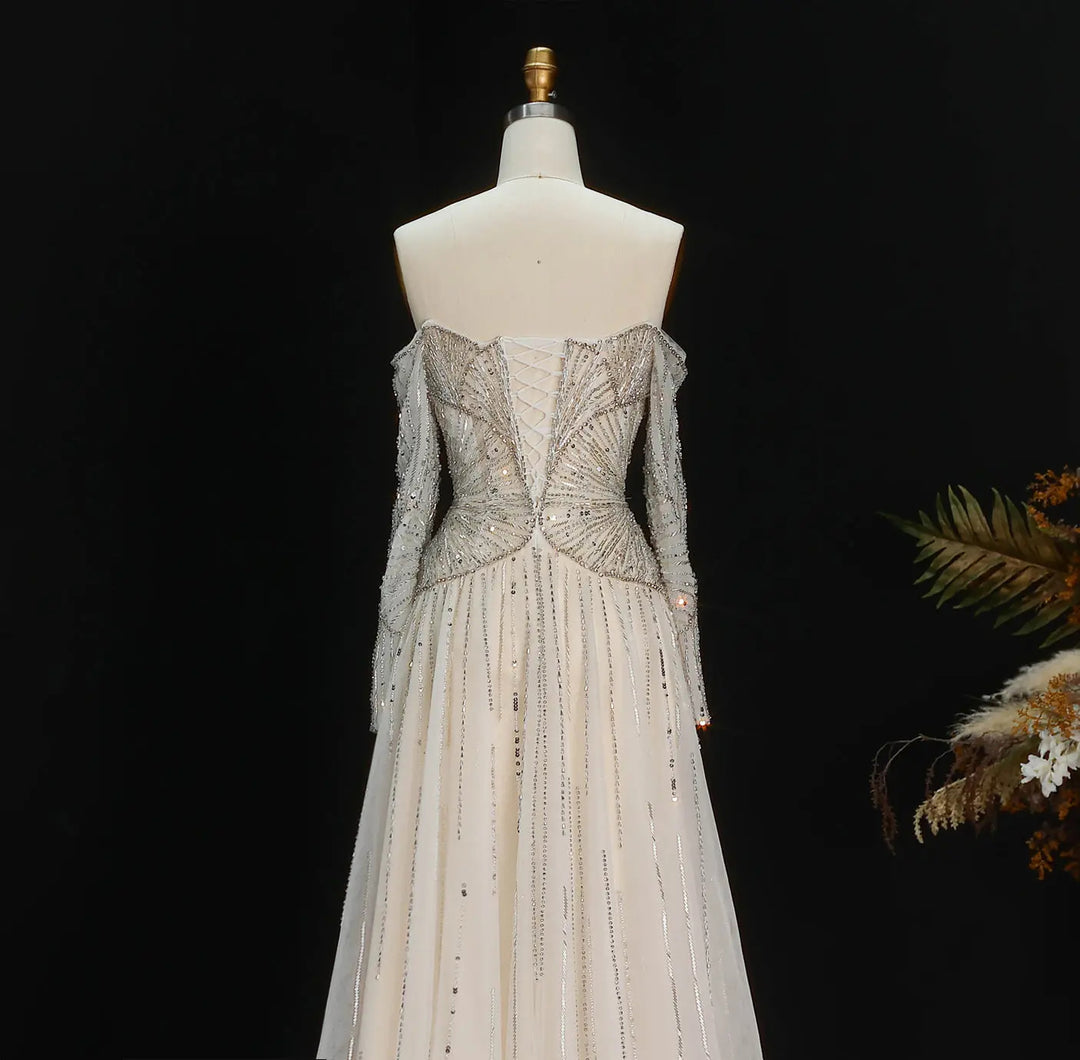 Luxury Beige Crystal Beaded Off Shoulder Evening Dress with Long Sleeves SS507 Beige / 10
