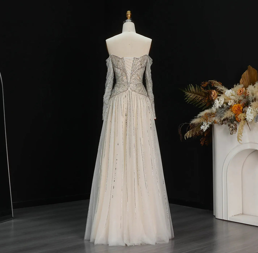 Luxury Beige Crystal Beaded Off Shoulder Evening Dress with Long Sleev –  DreamyVow