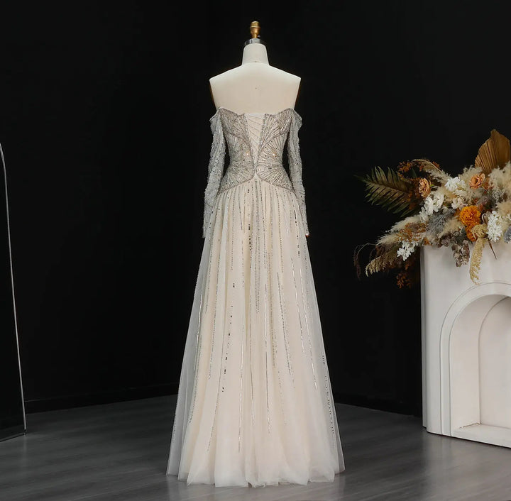 Luxury Beige Crystal Beaded Off Shoulder Evening Dress with Long Sleeves SS507-DreamyVow