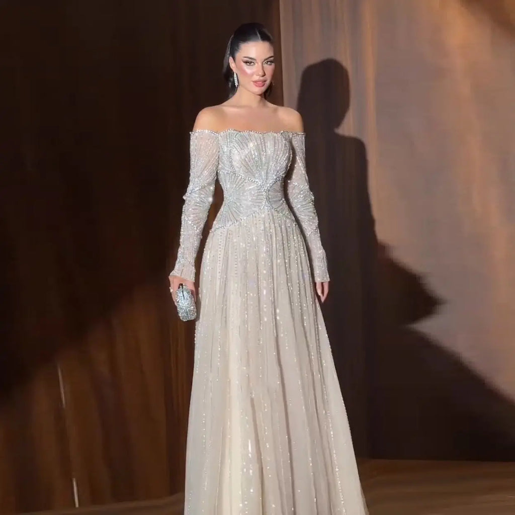 Luxury Beige Crystal Beaded Off Shoulder Evening Dress with Long Sleeves SS507