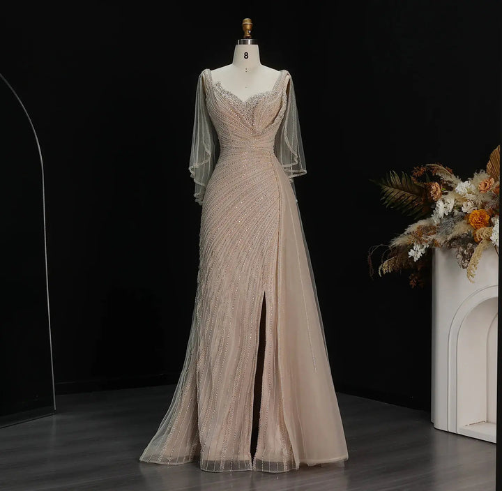 Luxury Black Beaded Evening Dress with Cape Sleeves SS063-DreamyVow
