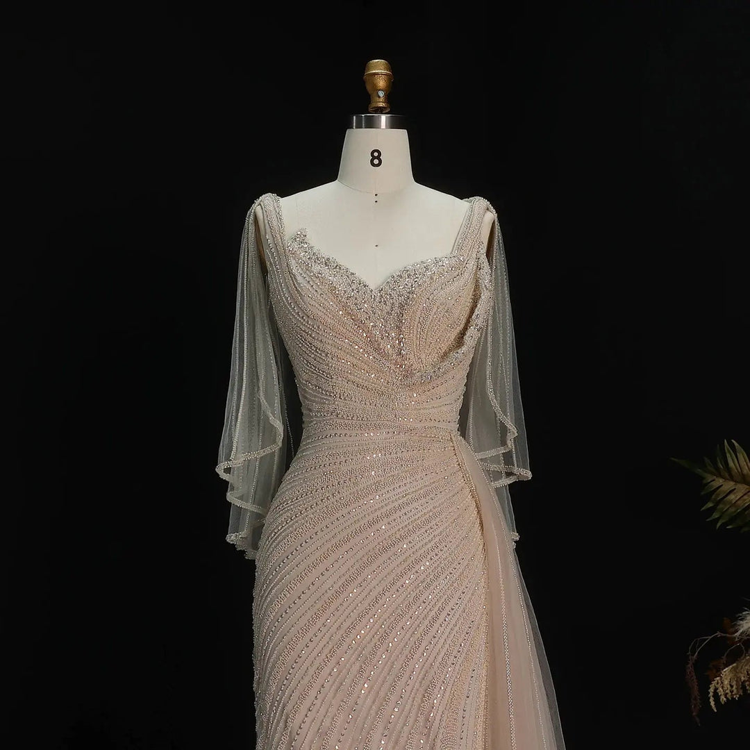 Luxury Black Beaded Evening Dress with Cape Sleeves SS063-DreamyVow