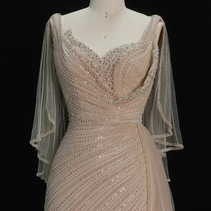 Luxury Black Beaded Evening Dress with Cape Sleeves SS063-DreamyVow