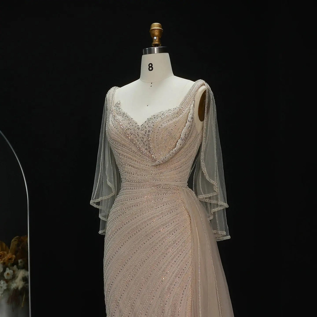 Luxury Black Beaded Evening Dress with Cape Sleeves SS063-DreamyVow