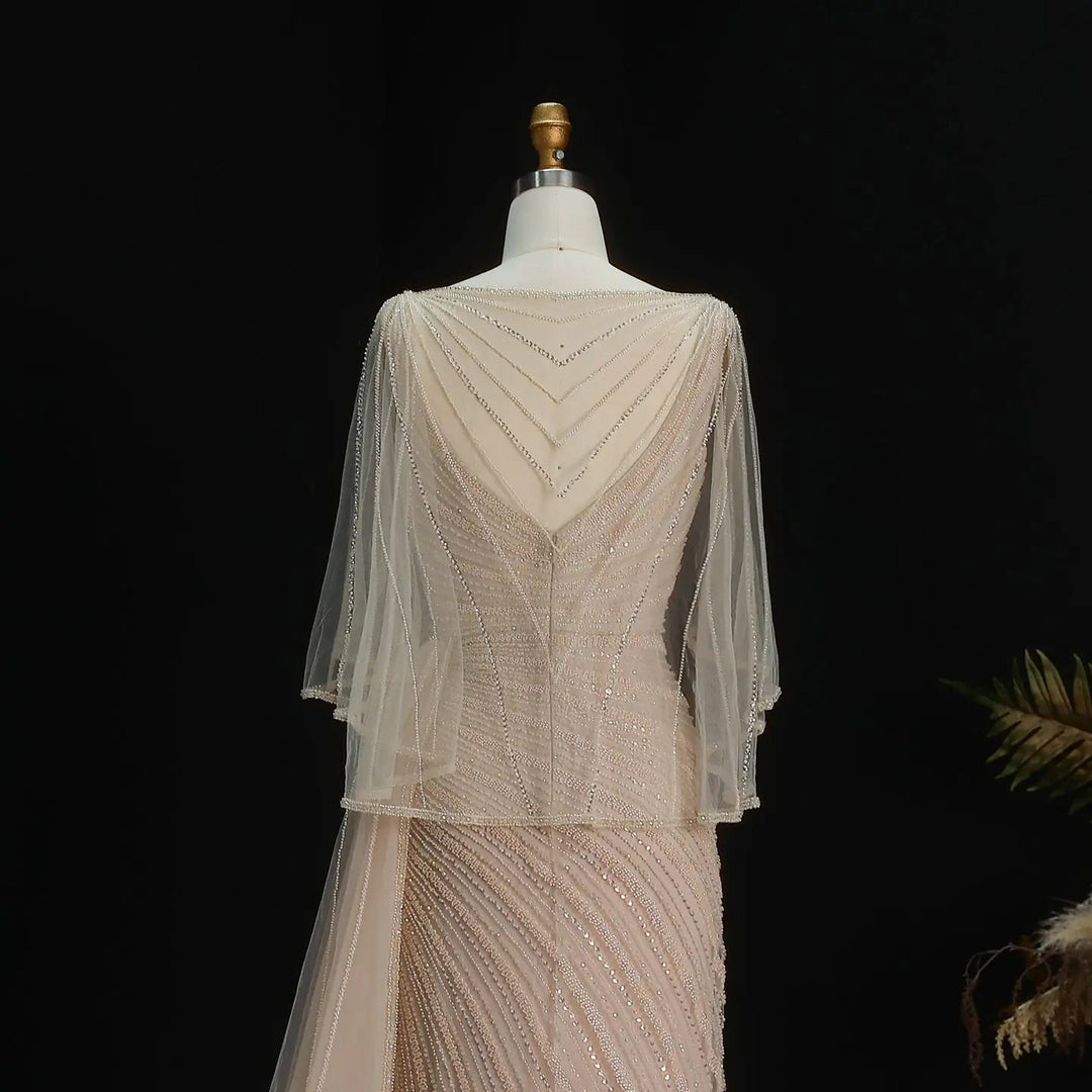 Luxury Black Beaded Evening Dress with Cape Sleeves SS063-DreamyVow