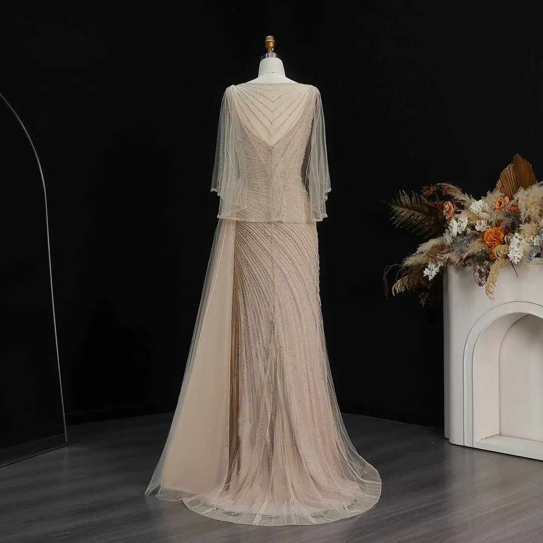 Luxury Black Beaded Evening Dress with Cape Sleeves SS063-DreamyVow