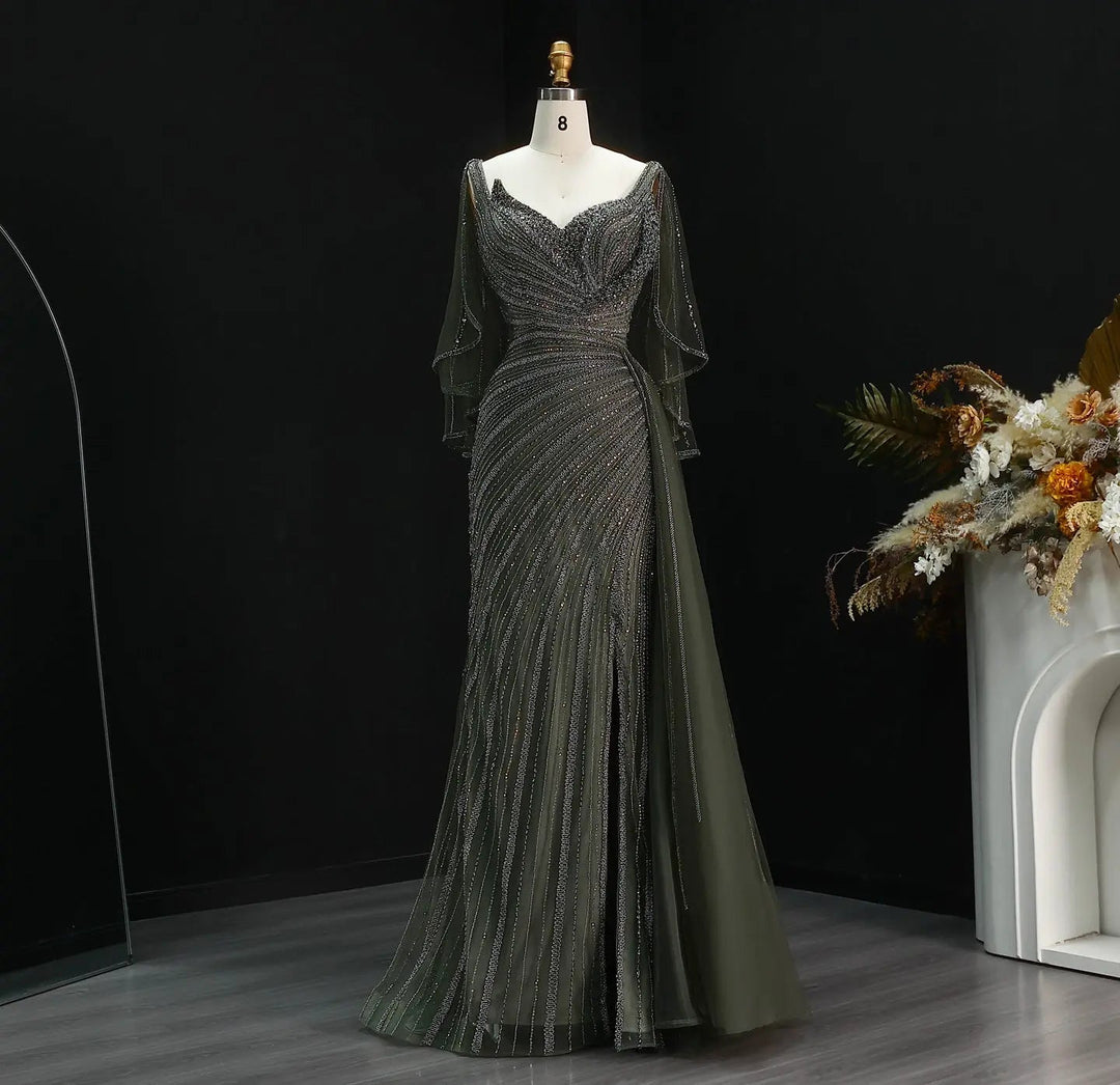 Luxury Black Beaded Evening Dress with Cape Sleeves SS063-DreamyVow