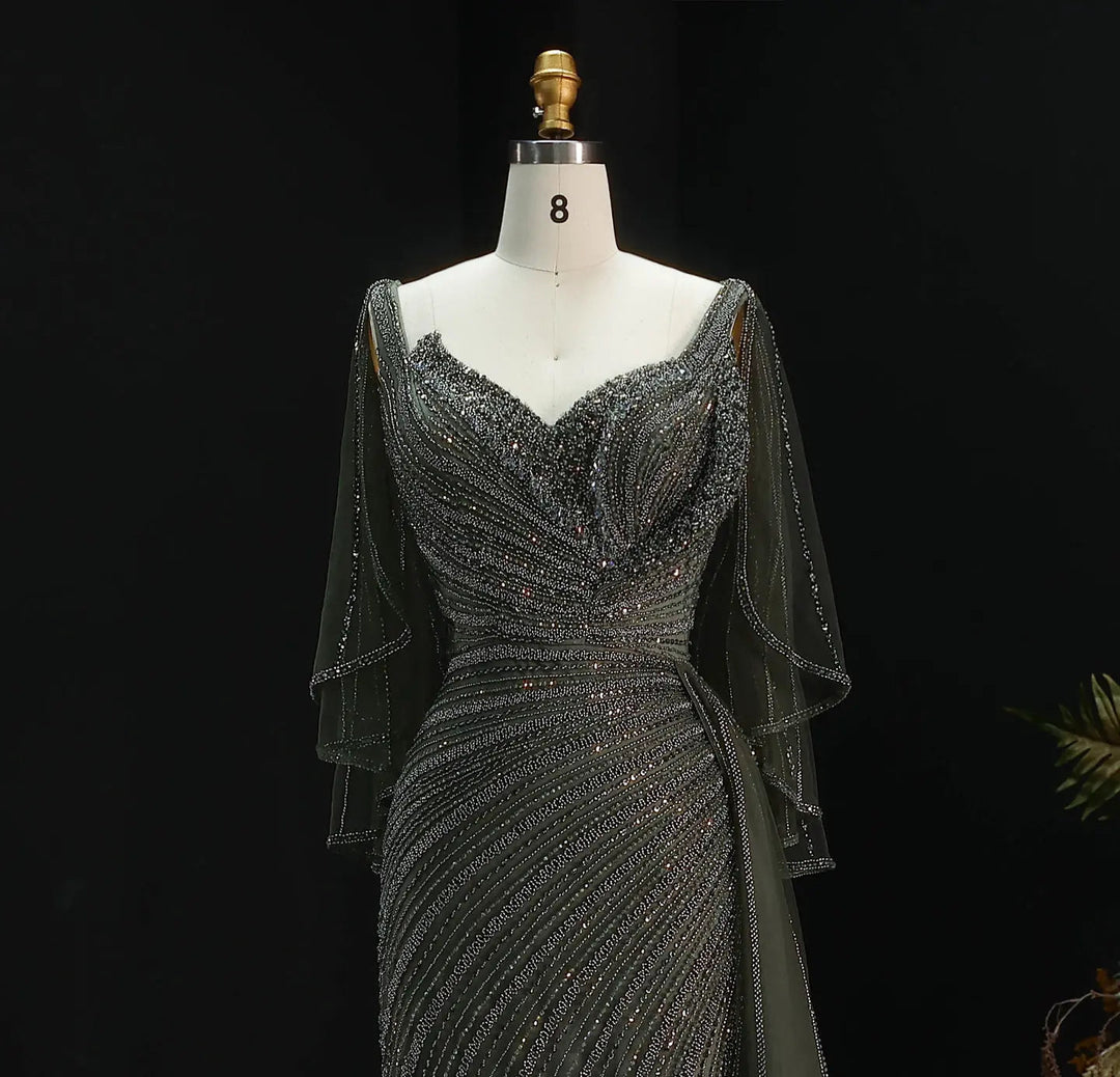 Luxury Black Beaded Evening Dress with Cape Sleeves SS063-DreamyVow