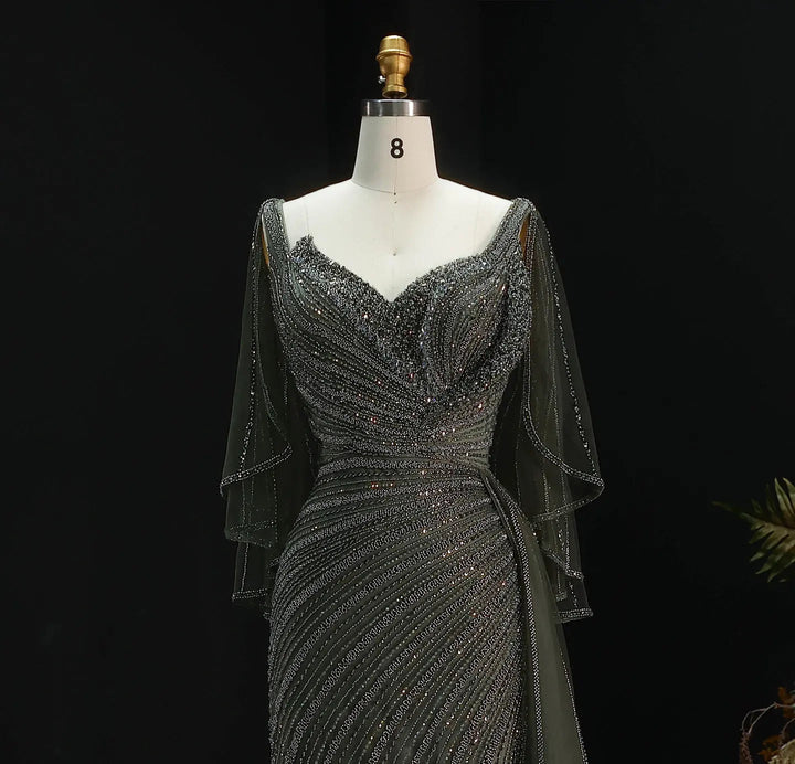 Luxury Black Beaded Evening Dress with Cape Sleeves SS063-DreamyVow