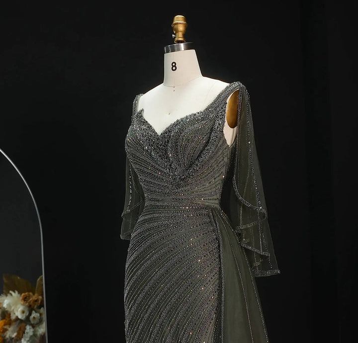 Luxury Black Beaded Evening Dress with Cape Sleeves SS063-DreamyVow