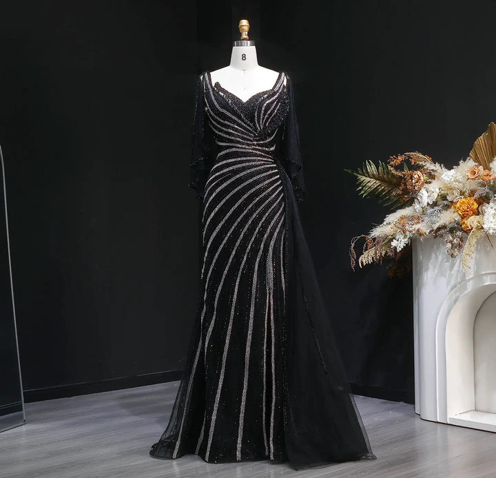 Luxury Black Beaded Evening Dress with Cape Sleeves SS063-DreamyVow