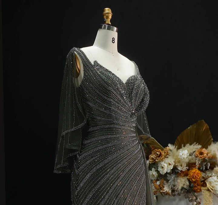 Luxury Black Beaded Evening Dress with Cape Sleeves SS063-DreamyVow