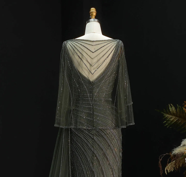 Luxury Black Beaded Evening Dress with Cape Sleeves SS063-DreamyVow
