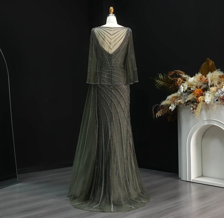 Luxury Black Beaded Evening Dress with Cape Sleeves SS063-DreamyVow