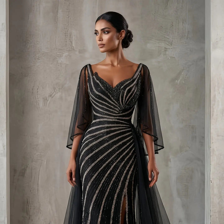 Luxury Black Beaded Evening Dress with Cape Sleeves SS063-DreamyVow