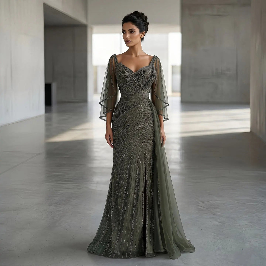 Luxury Black Beaded Evening Dress with Cape Sleeves SS063-DreamyVow