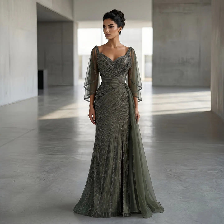 Luxury Black Beaded Evening Dress with Cape Sleeves SS063-DreamyVow