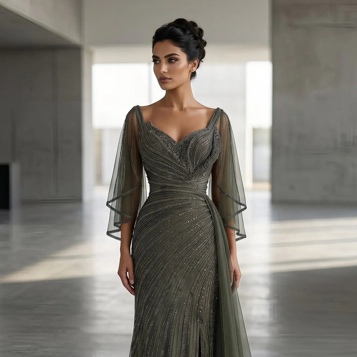 Luxury Black Beaded Evening Dress with Cape Sleeves SS063-DreamyVow