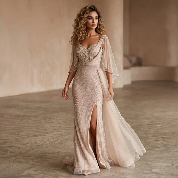 Luxury Black Beaded Evening Dress with Cape Sleeves SS063-DreamyVow