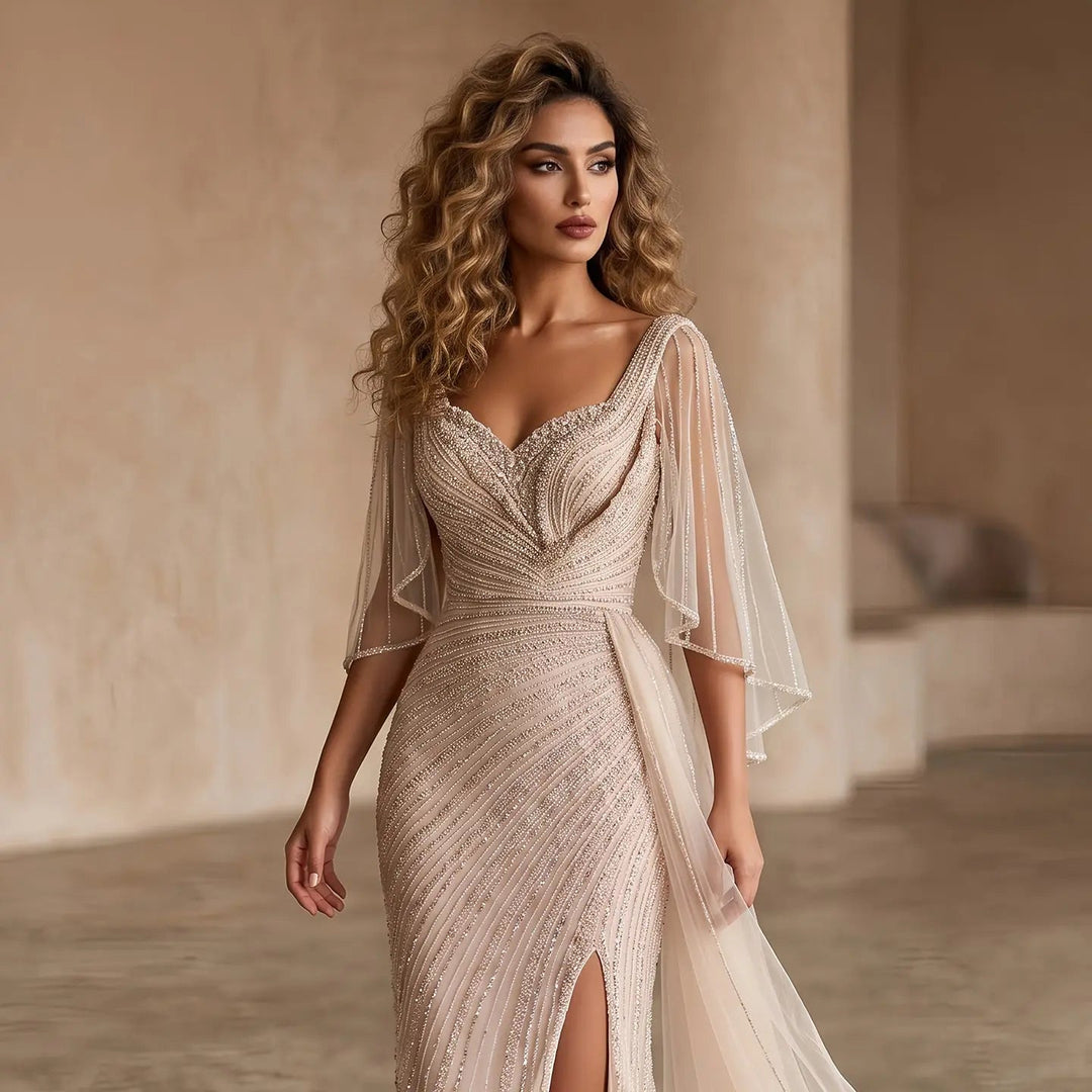 Luxury Black Beaded Evening Dress with Cape Sleeves SS063-DreamyVow