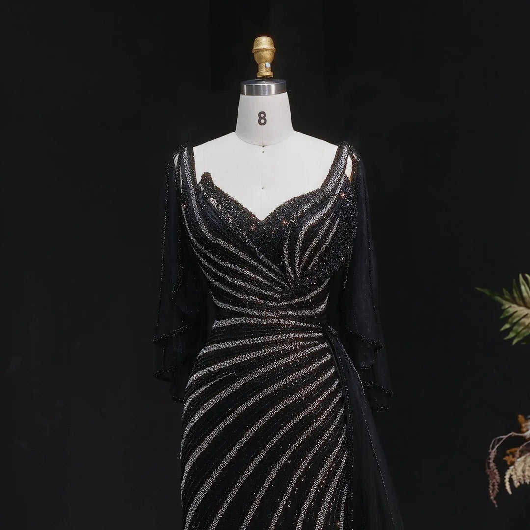 Luxury Black Beaded Evening Dress with Cape Sleeves SS063-DreamyVow