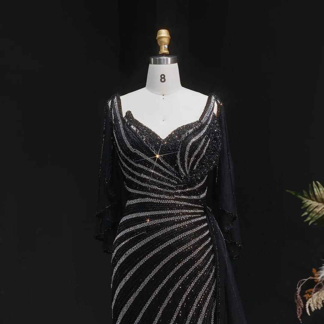 Luxury Black Beaded Evening Dress with Cape Sleeves SS063-DreamyVow
