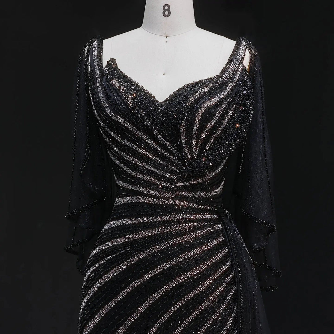 Luxury Black Beaded Evening Dress with Cape Sleeves SS063-DreamyVow