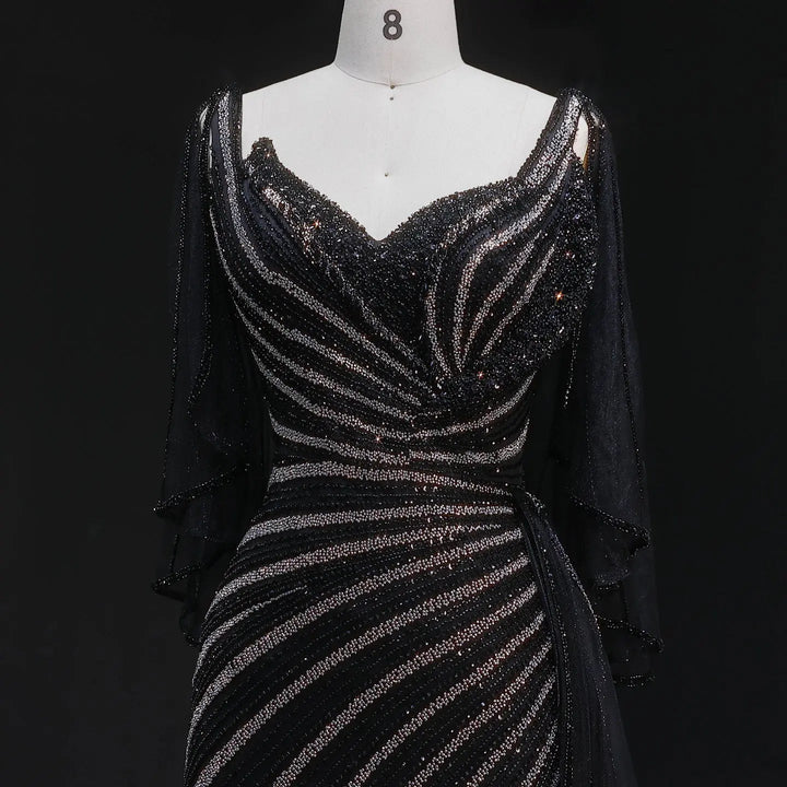 Luxury Black Beaded Evening Dress with Cape Sleeves SS063-DreamyVow
