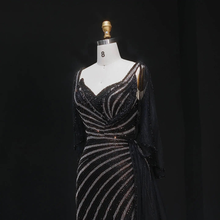 Luxury Black Beaded Evening Dress with Cape Sleeves SS063-DreamyVow