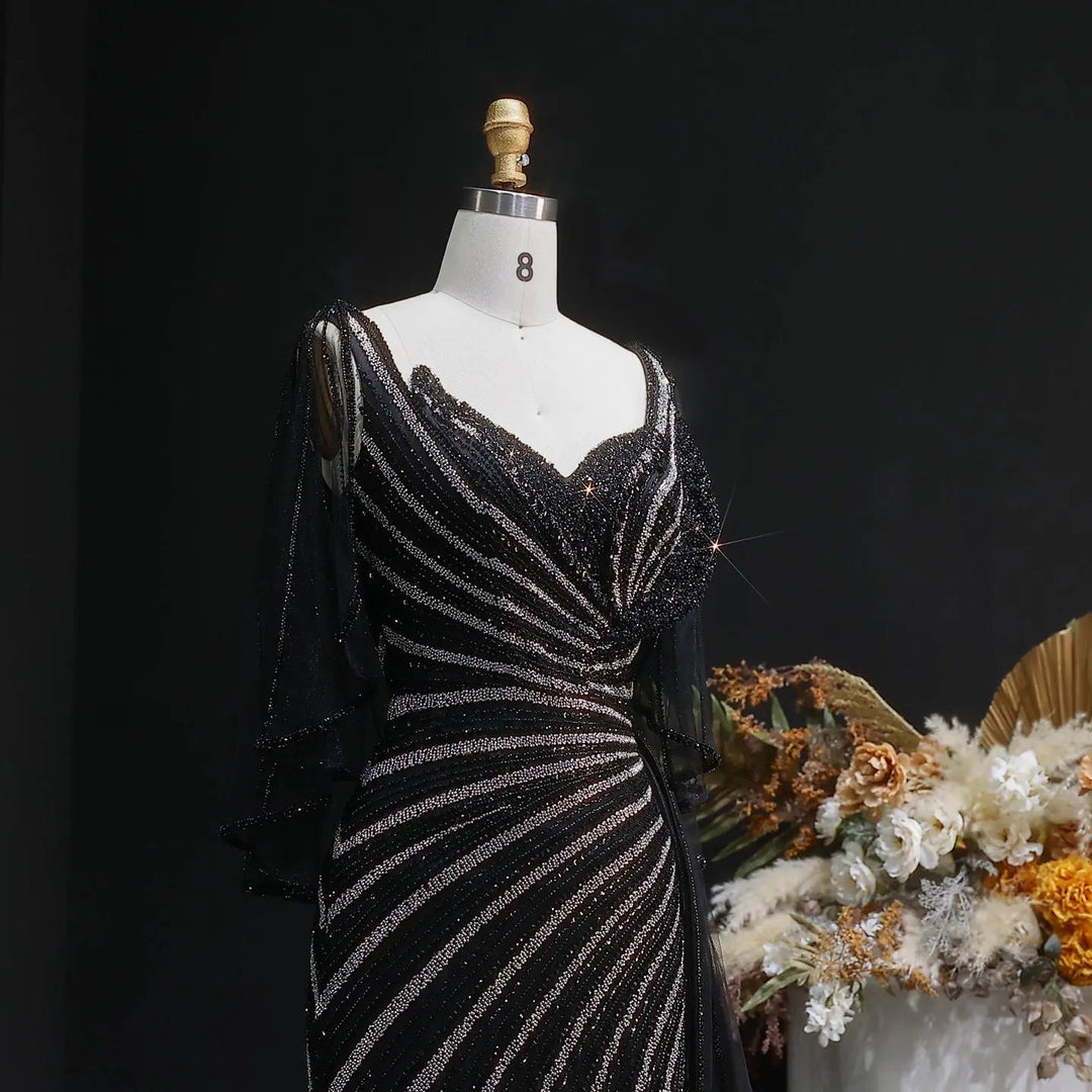 Luxury Black Beaded Evening Dress with Cape Sleeves SS063-DreamyVow