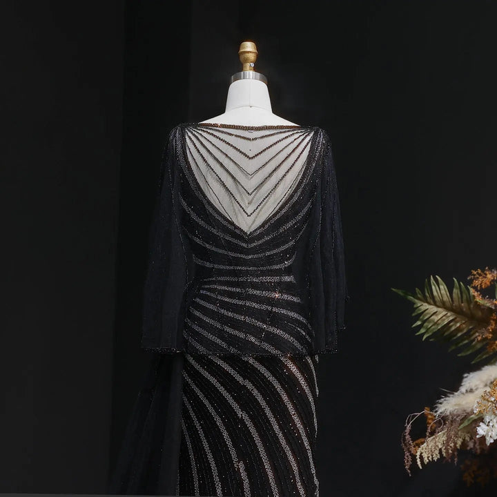 Luxury Black Beaded Evening Dress with Cape Sleeves SS063-DreamyVow