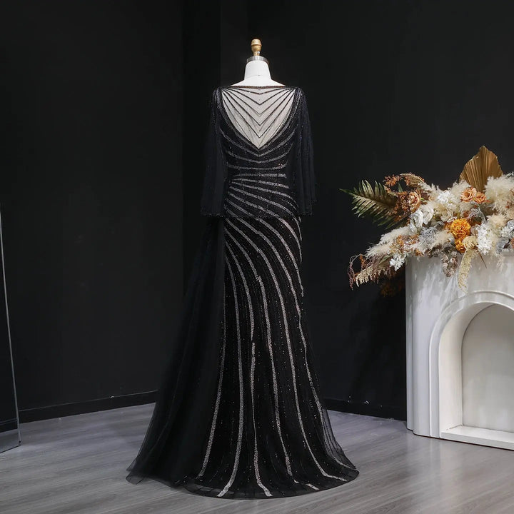 Luxury Black Beaded Evening Dress with Cape Sleeves SS063-DreamyVow