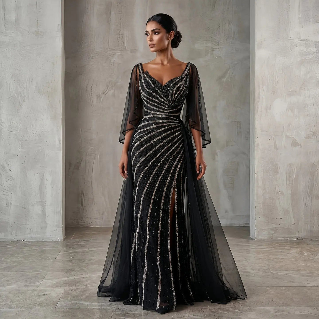 Luxury Black Beaded Evening Dress with Cape Sleeves SS063-DreamyVow