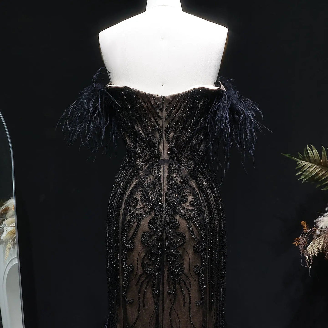 Luxury Black Feather Evening Dress with Beaded Corset Bodice SS792-DreamyVow