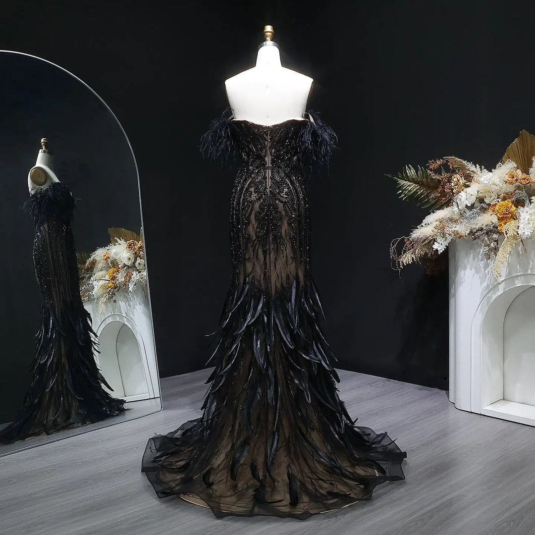 Luxury Black Feather Evening Dress with Beaded Corset Bodice SS792