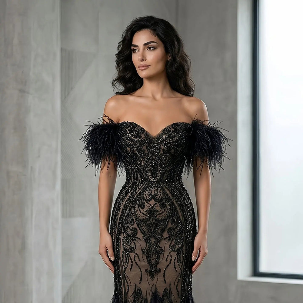Luxury Black Feather Evening Dress with Beaded Corset Bodice SS792-DreamyVow