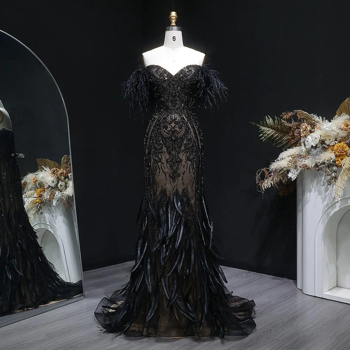 Luxury Black Feather Evening Dress with Beaded Corset Bodice SS792-DreamyVow