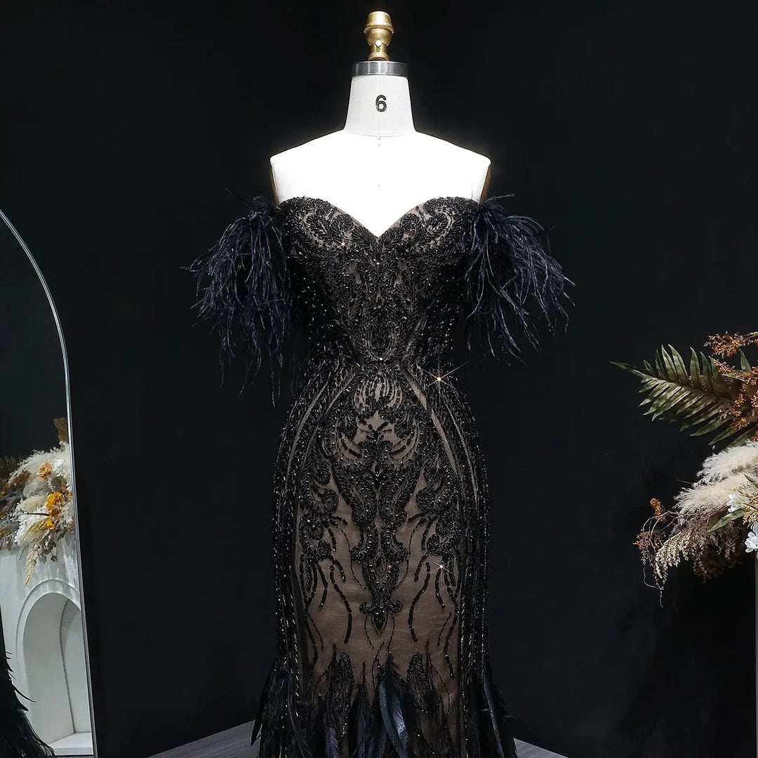 Luxury Black Feather Evening Dress with Beaded Corset Bodice SS792-DreamyVow