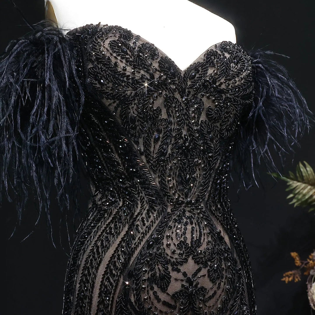 Luxury Black Feather Evening Dress with Beaded Corset Bodice SS792-DreamyVow