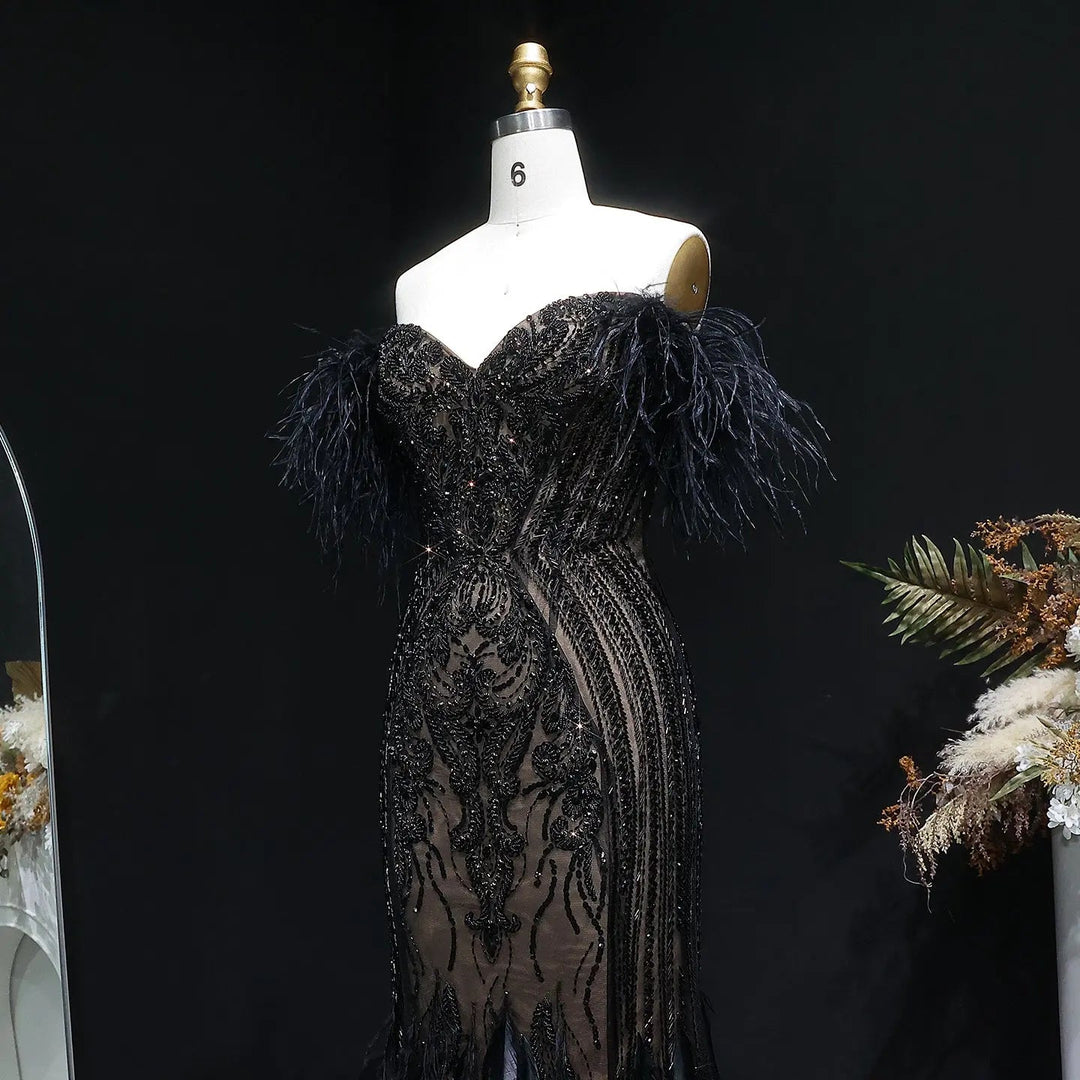 Luxury Black Feather Evening Dress with Beaded Corset Bodice SS792-DreamyVow