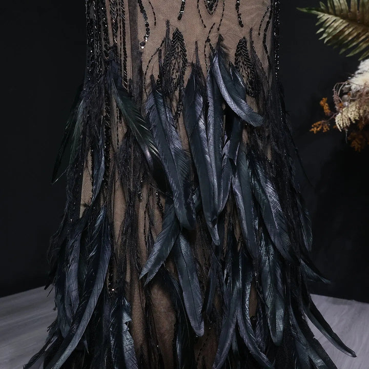 Luxury Black Feather Evening Dress with Beaded Corset Bodice SS792-DreamyVow
