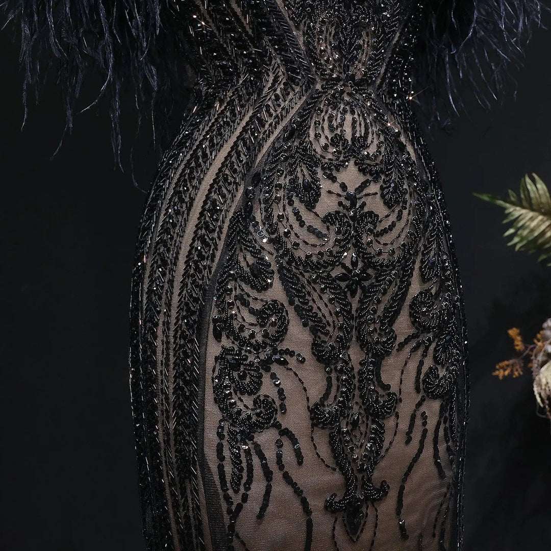 Luxury Black Feather Evening Dress with Beaded Corset Bodice SS792-DreamyVow