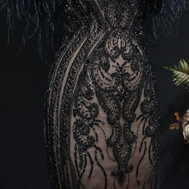 Luxury Black Feather Evening Dress with Beaded Corset Bodice SS792-DreamyVow