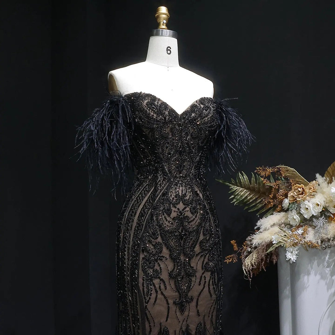 Luxury Black Feather Evening Dress with Beaded Corset Bodice SS792-DreamyVow