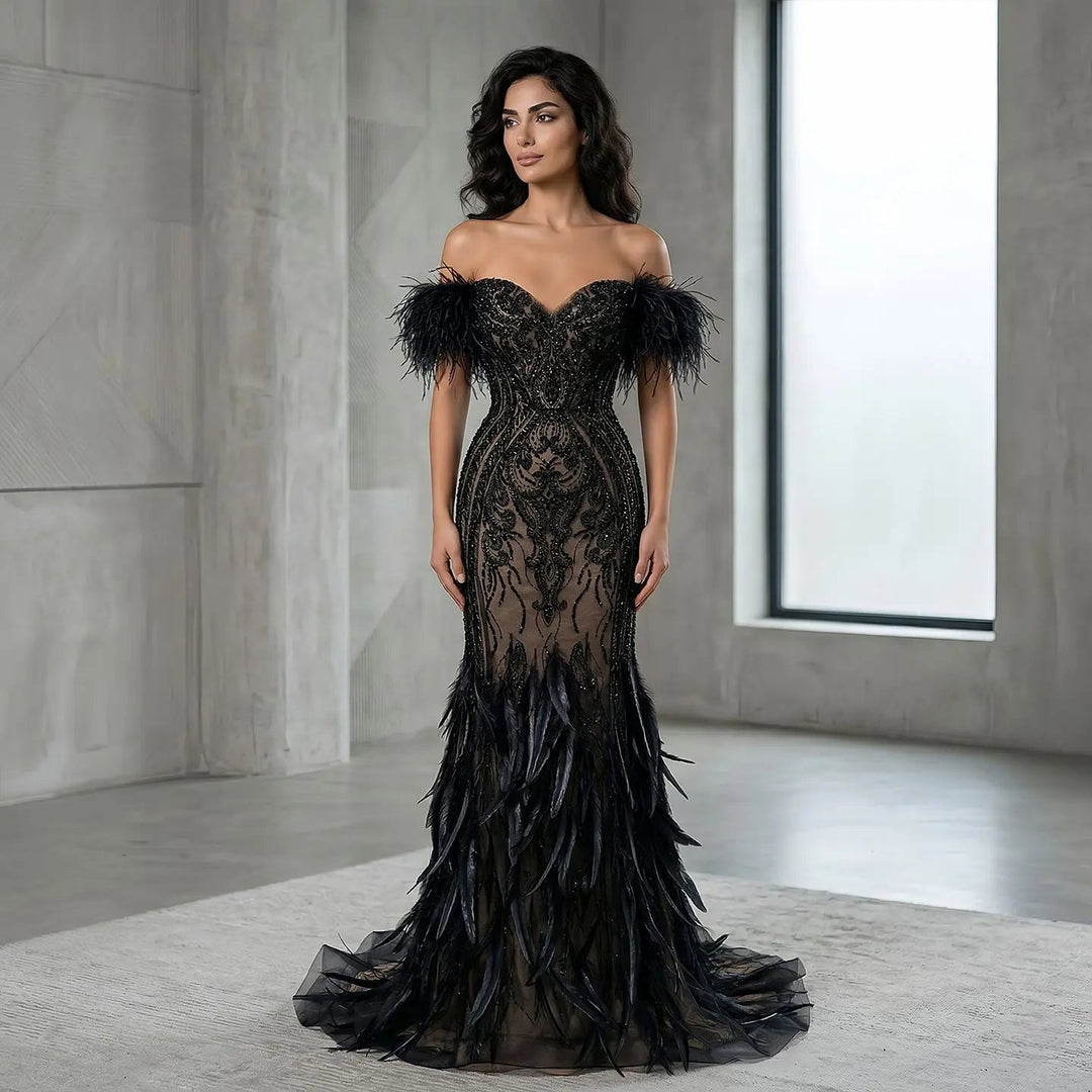 Luxury Black Feather Evening Dress with Beaded Corset Bodice SS792-DreamyVow