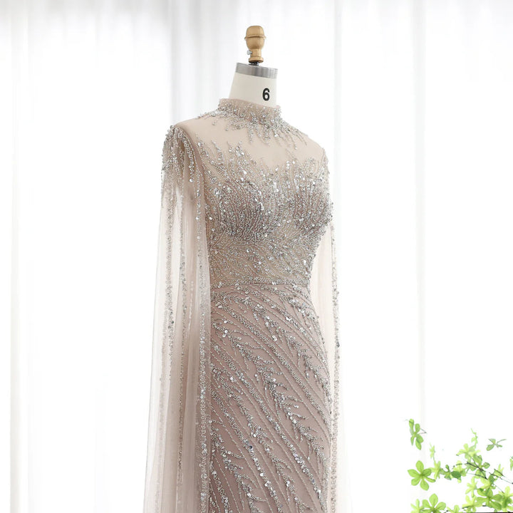 Luxury Black Nude Mermaid Evening Dresses with Cape Sleeves SS162