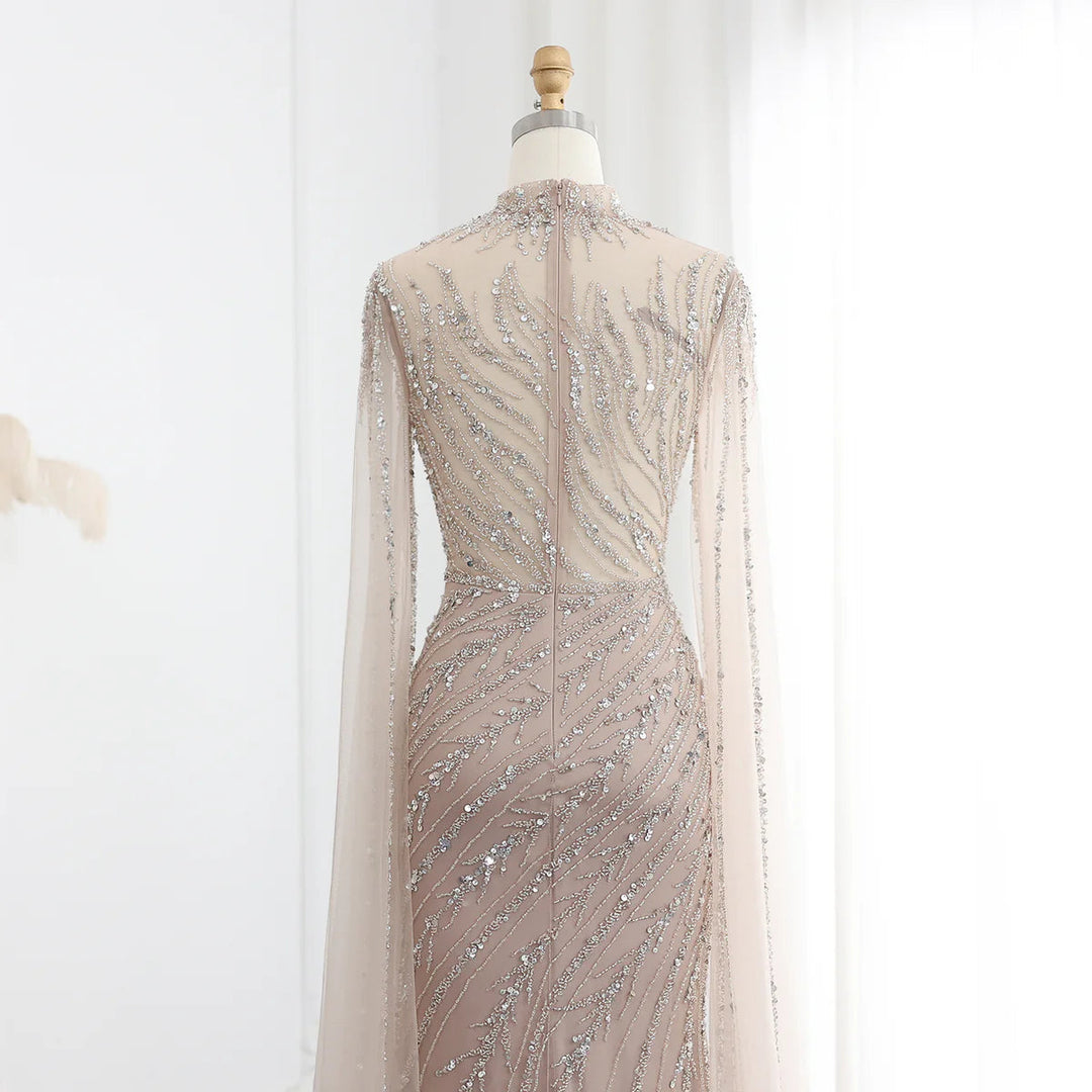Luxury Black Nude Mermaid Evening Dresses with Cape Sleeves SS162
