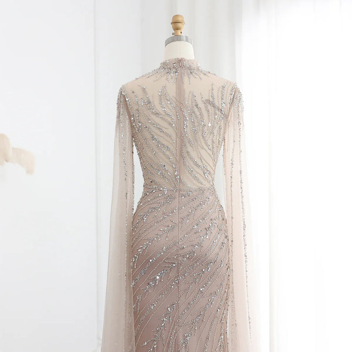 Luxury Black Nude Mermaid Evening Dresses with Cape Sleeves SS162