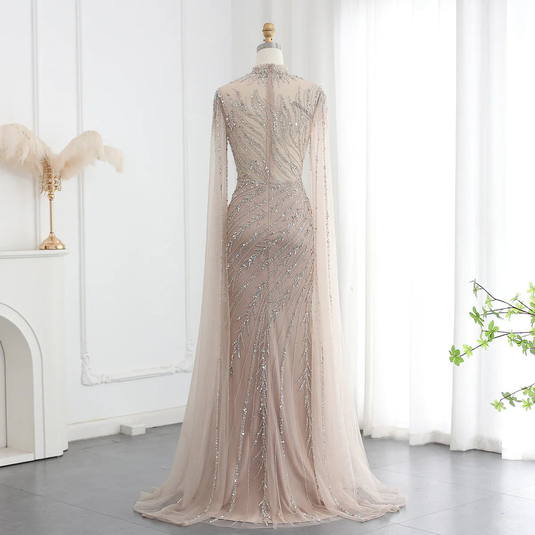 Luxury Black Nude Mermaid Evening Dresses with Cape Sleeves SS162