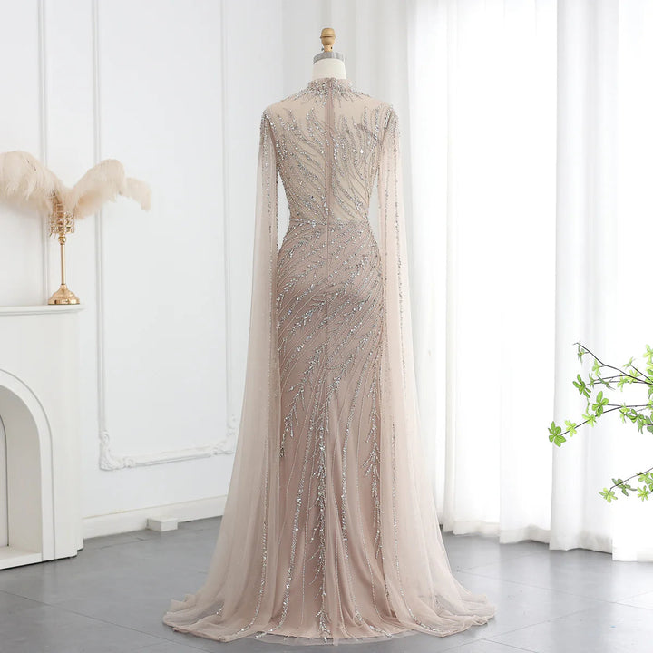 Luxury Black Nude Mermaid Evening Dresses with Cape Sleeves SS162